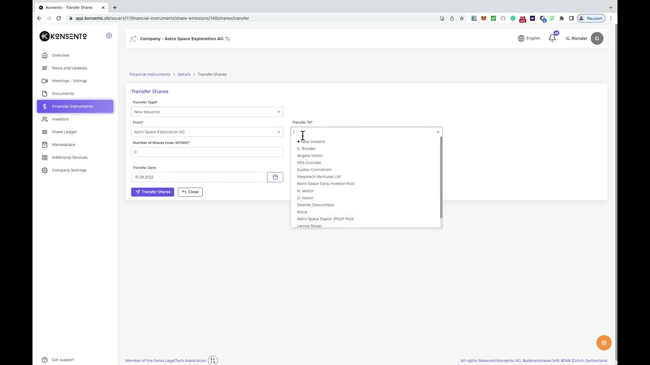 How to transfer shares in Konsento