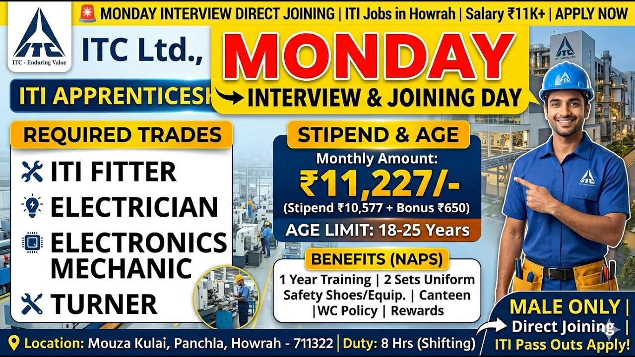 🚨 Monday Interview Direct Joining | ITI Jobs in Howrah | Salary ₹11K+ | Apply Now
