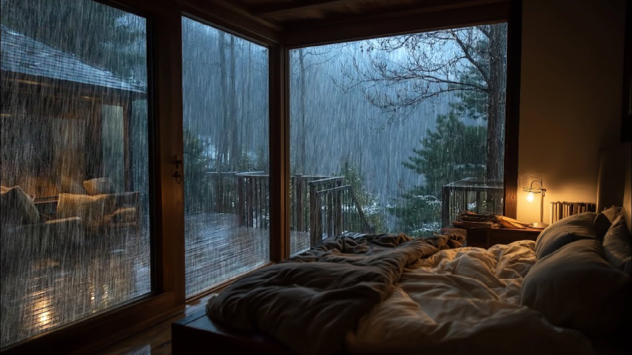 Лучшие звуки сильного дождя для расслабления 🌧️ Уютная атмосфера в спальне для глубокого сна