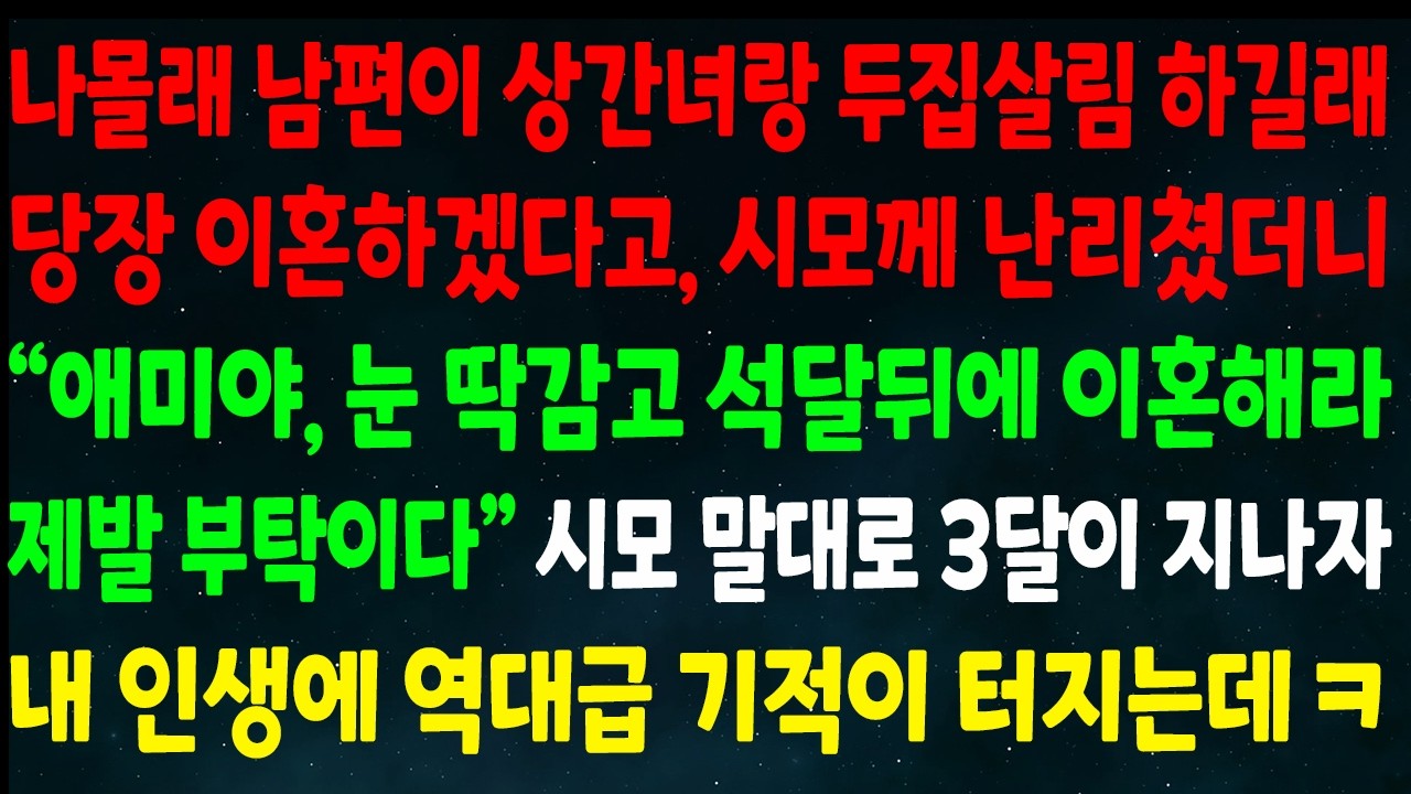 (반전신청사연)남편이 상간녀랑 두집살림 하길래 이혼하겠다고 시모께 난리치니