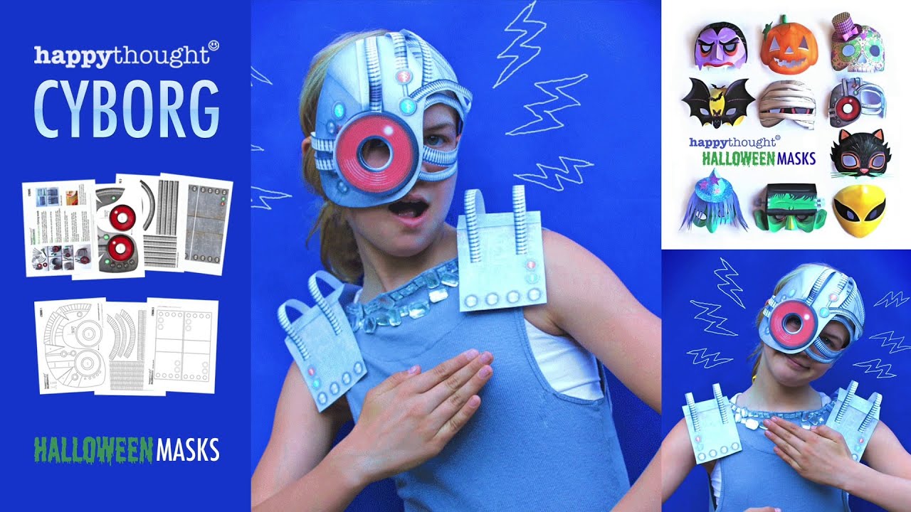 Make a 3D paper Cyborg mask. Instantly download a DIY printable Cyborg mask template • Happythought