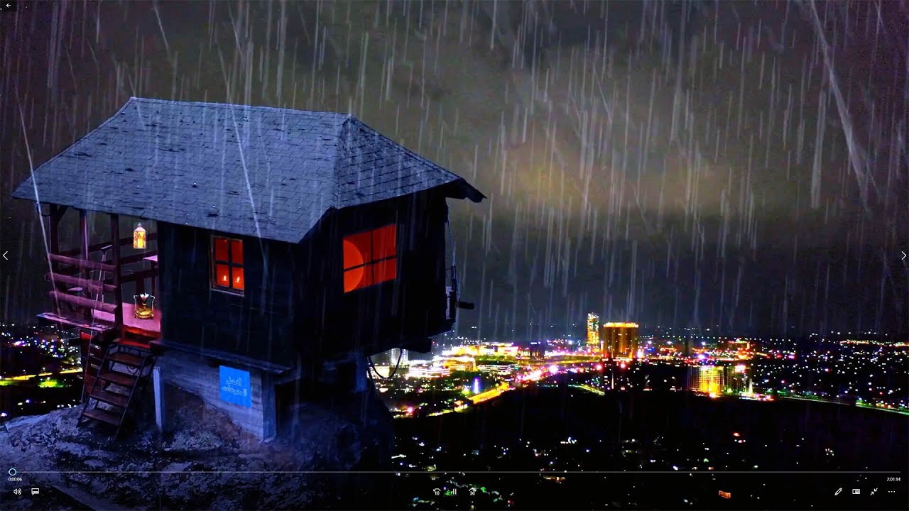 Rainy Night Retreat: City Lights from Cozy Cabin - Relaxing Ambience