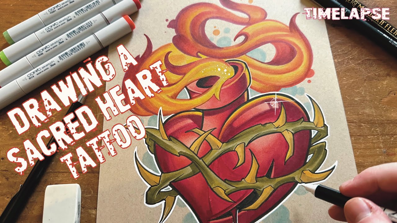 Drawing a Sacred Heart Tattoo - Timelapse - New school style - Copic Marker Art