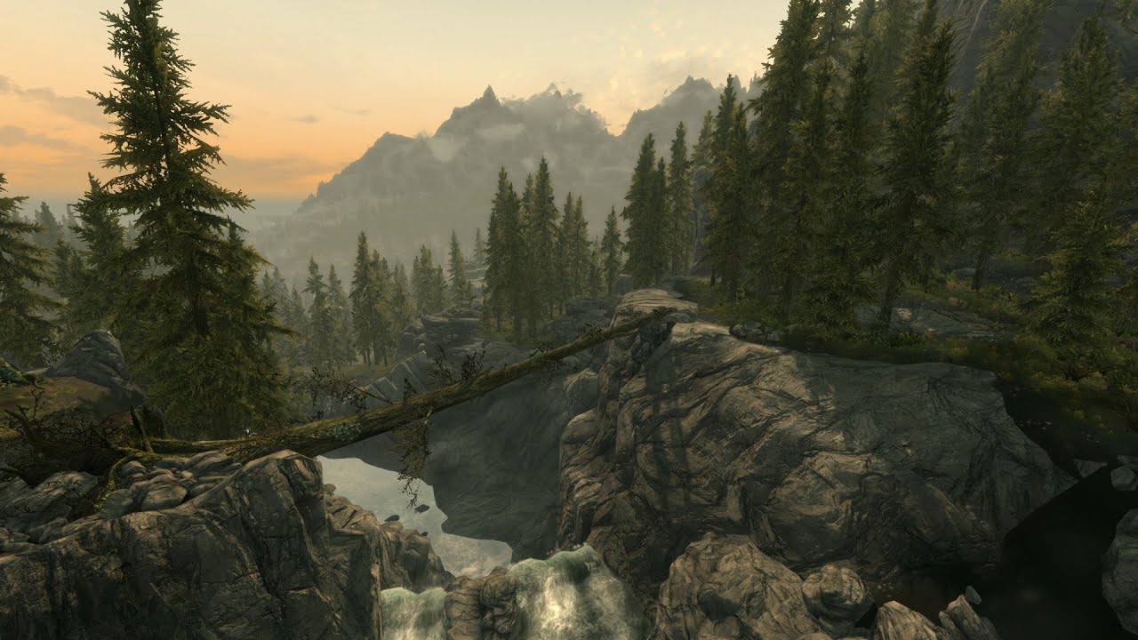 Skyrim. TESV.  Fallen Tree Bridge, panorama and ambient sounds.
