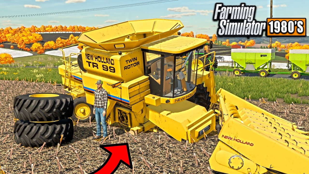 COMBINE AXLE SNAPS IN HALF WHILE HARVESTING!  (TIRE WENT FLYING!) | FARMING SIMULATOR 1980'S