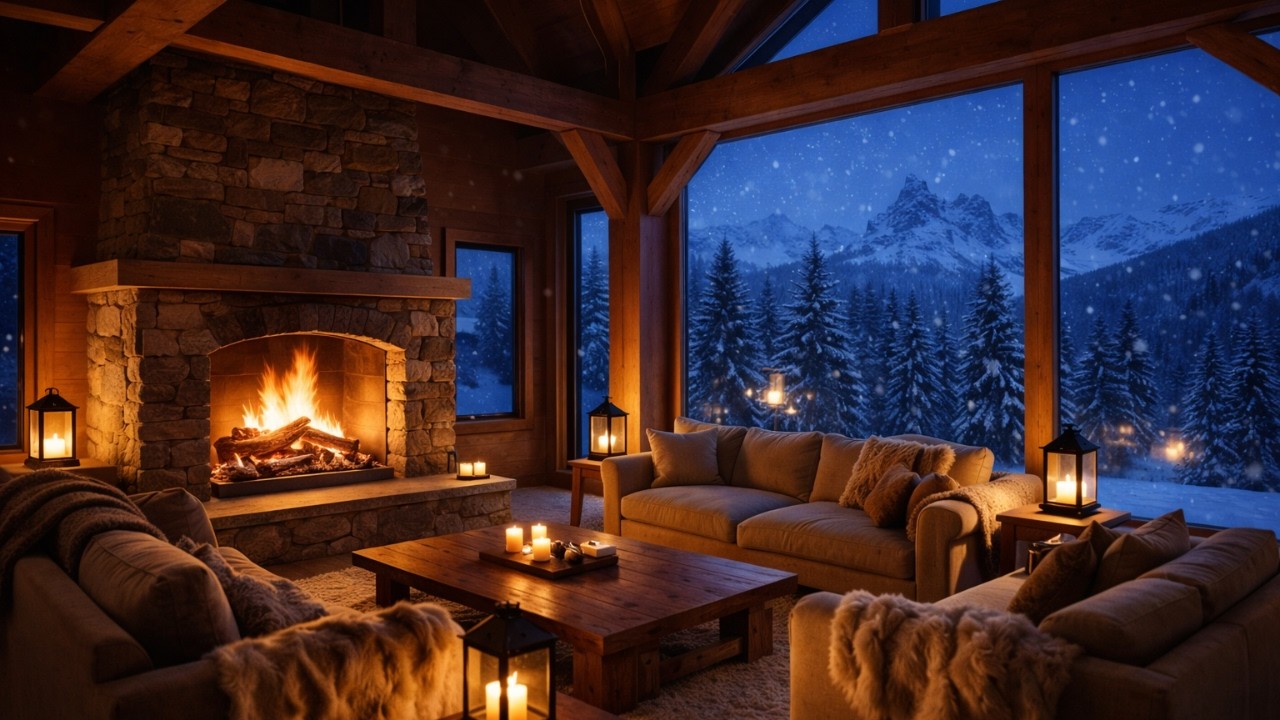 Cozy Cabin Fireplace 🔥 Snowy Winter Night Ambience for Deep Sleep (8 Hours, 4K)