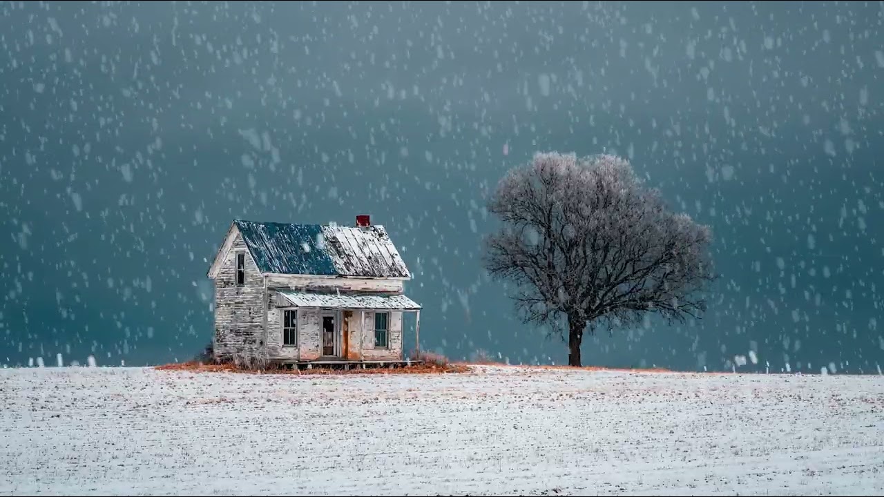 Snow covered countryside village resting under the silent winter sky | Peaceful ambience for sleep