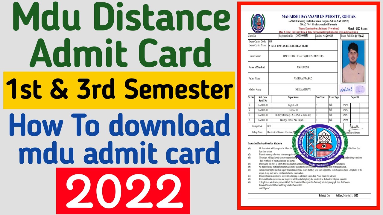 Mdu Distance 1st & 3rd semester admit card 2022 || How to download mdu distance admit card 2022