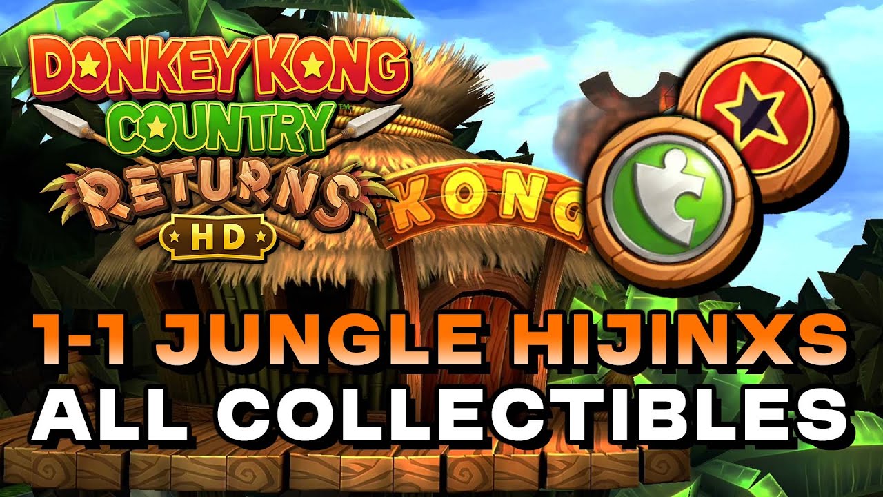 Donkey Kong Country Returns HD - 1-1 Jungle Hijinxs (All Puzzle Pieces & Kong Letters)