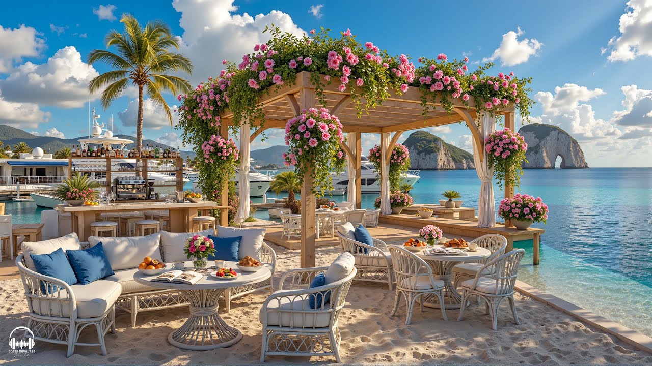 Beach Cafe Ambience with Positive Bossa Nova Jazz Music & Ocean Wave Sounds for Relax, Stress Relief