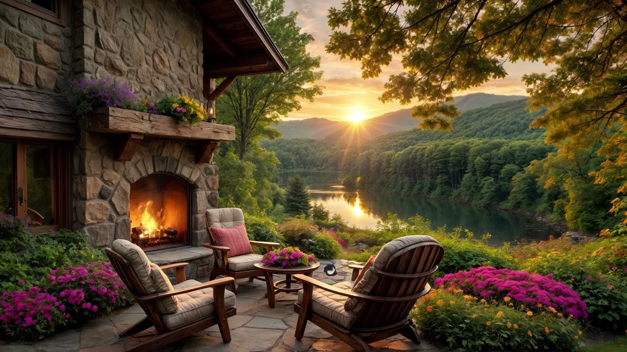 Nature’s Perfect Lakeside Spring Porch🎶 Fireplace & Birds Songs | The Most Relaxing Ambience