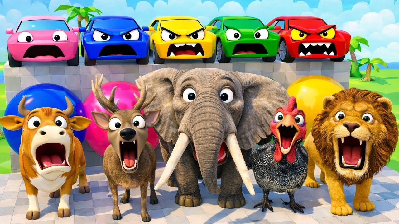 Animals React to Crazy Color Cars 😲🌈🚗 | Animal Slide Game | Loons Toons