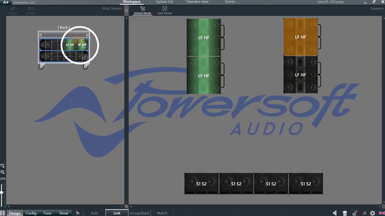 Powersoft Armon&iacute;aPlus Linking speaker to amplifier Channels