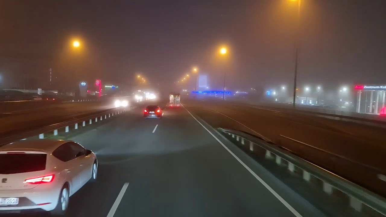Night drive through Koblenz with fog
