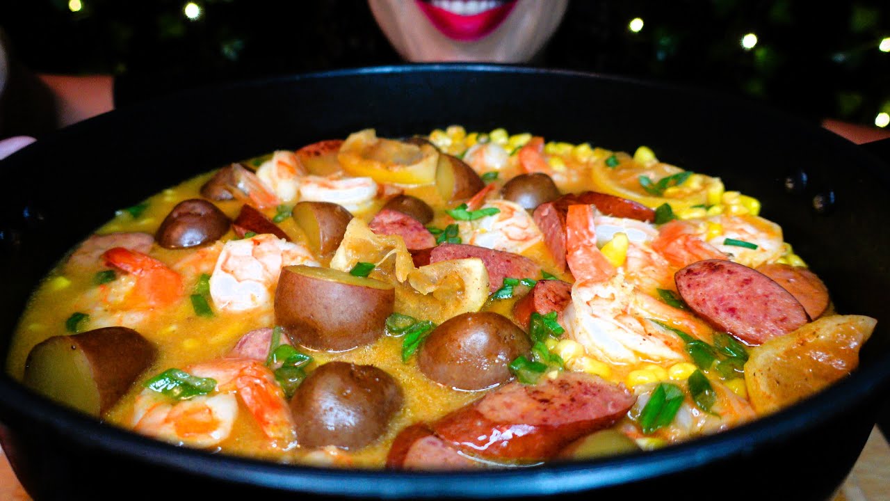 ASMR One-Pan Shrimp Boil | Eating Sounds | No Talking | Recipe in Description Box