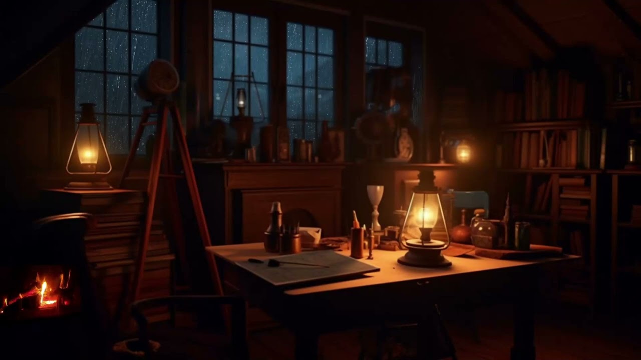 A Rainy Day in Cozy Library | Rain on Window with Fireplace Sounds on the Forest for Deep Sleep