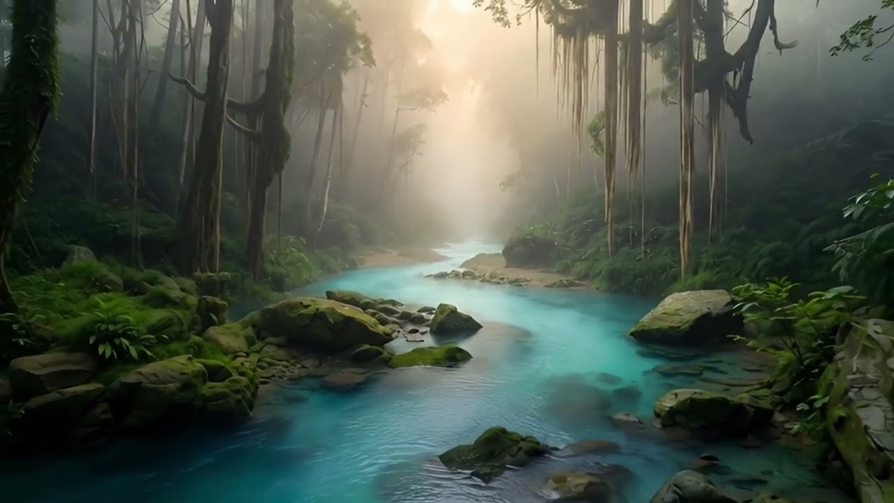 Music for meditation, helping to calm the mind with soothing piano instruments and river scenery