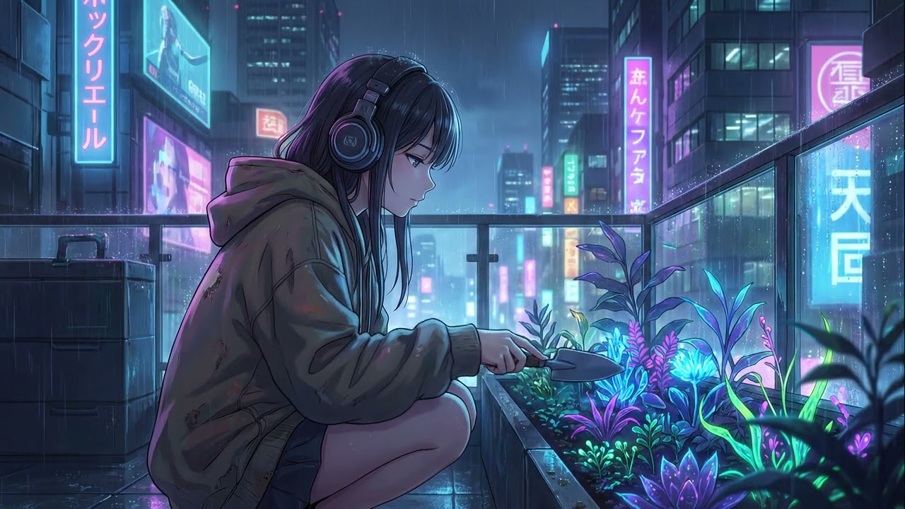 Cozy Cyberpunk Chill 🌿 Gardening Neon Plants on a Rooftop Garden