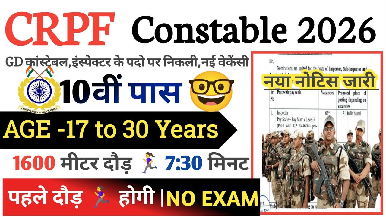CRPF Rally Recruitment 2026 Notification | CRPF New Vacancy 2026 | Bharti February Jobs 2026 | 10th
