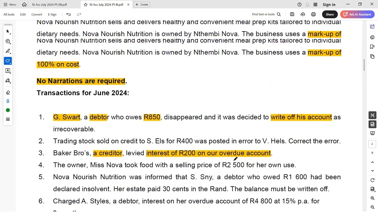 Accounting: Grade 10 June 2024 P1 - Question 1 General Journal