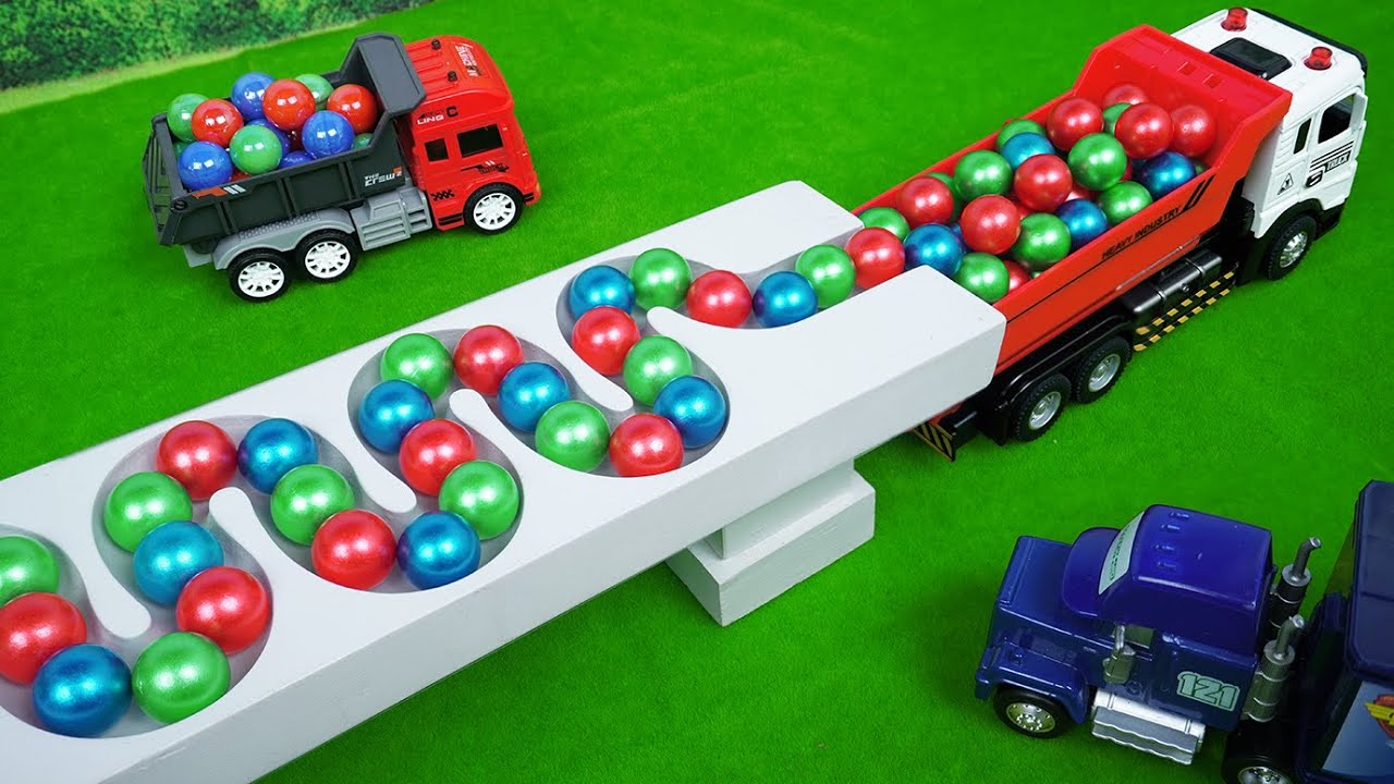 Marble Run Race ☆ HABA Slope& Retro Makita Truck, Excavator, Garbage Truck, Dump Truck, Ambulances#6