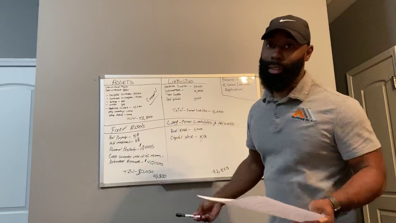 Assets and Liabilities Balance Sheet for NC General Contractor Application.