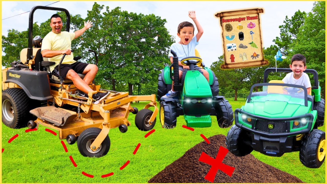 Finding hidden clues with Riding Lawn Mower, Tractor, and Truck to win Scavenger Hunt | Super Krew
