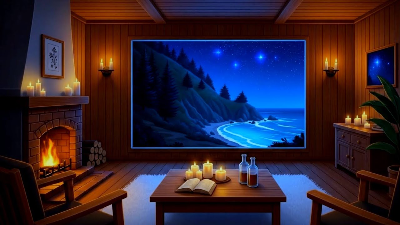 Sleep Ambience for Deep Rest (No Ads) • Fireplace Glow • Calm Ocean Night Under Stars 