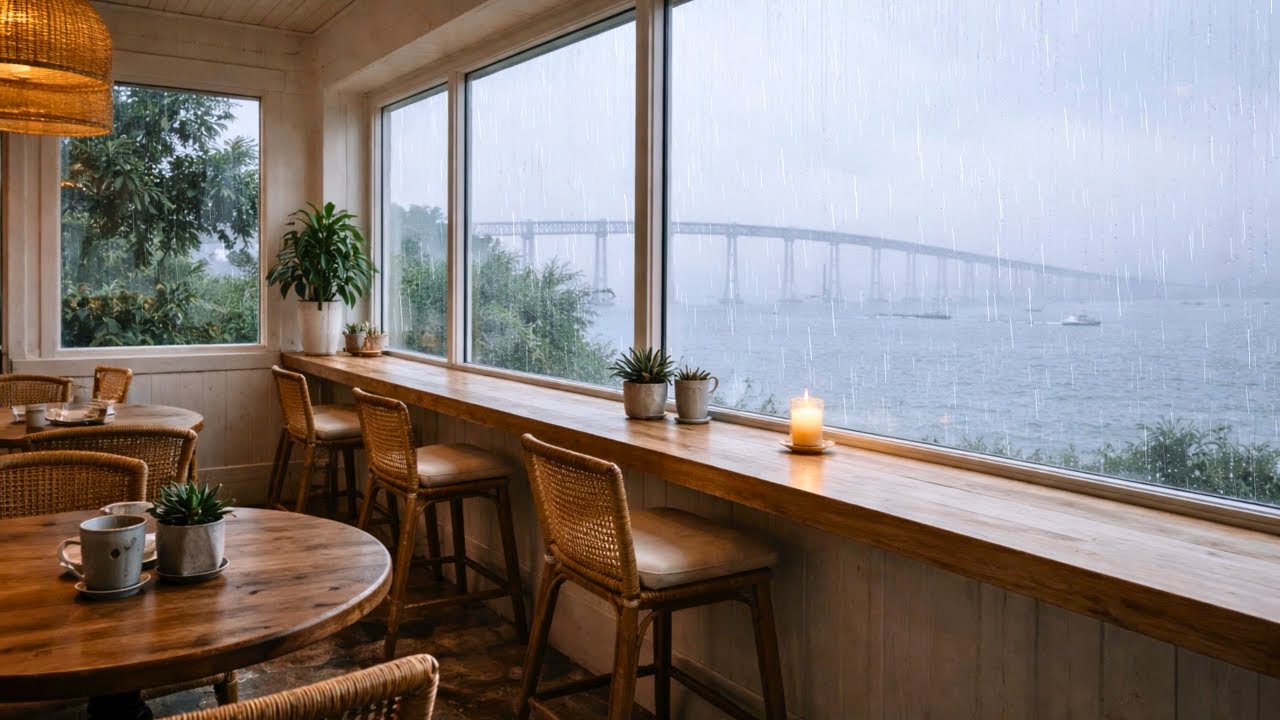 Rainy San Diego Coffee Shop Ambience | 1 Hour Cozy Cafe Sounds