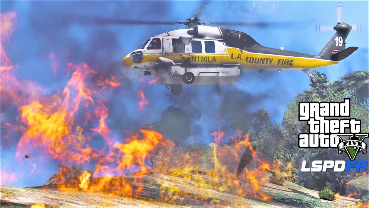Пожарный вертолёт Firehawk из GTA 5 сбрасывает воду для тушения лесного пожара (пожарные сигналы ...