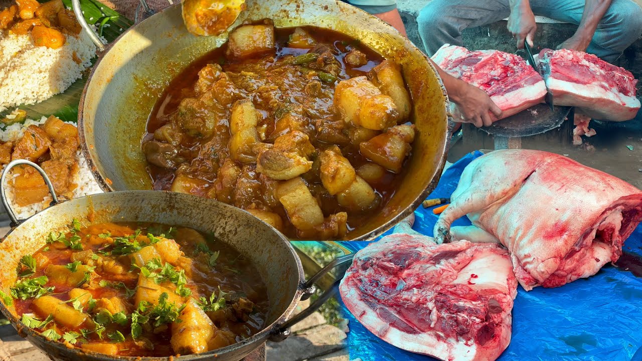 Pork cooking in teagarden teahouse with rice eating  | big pig meat cooking and eating | pork eating