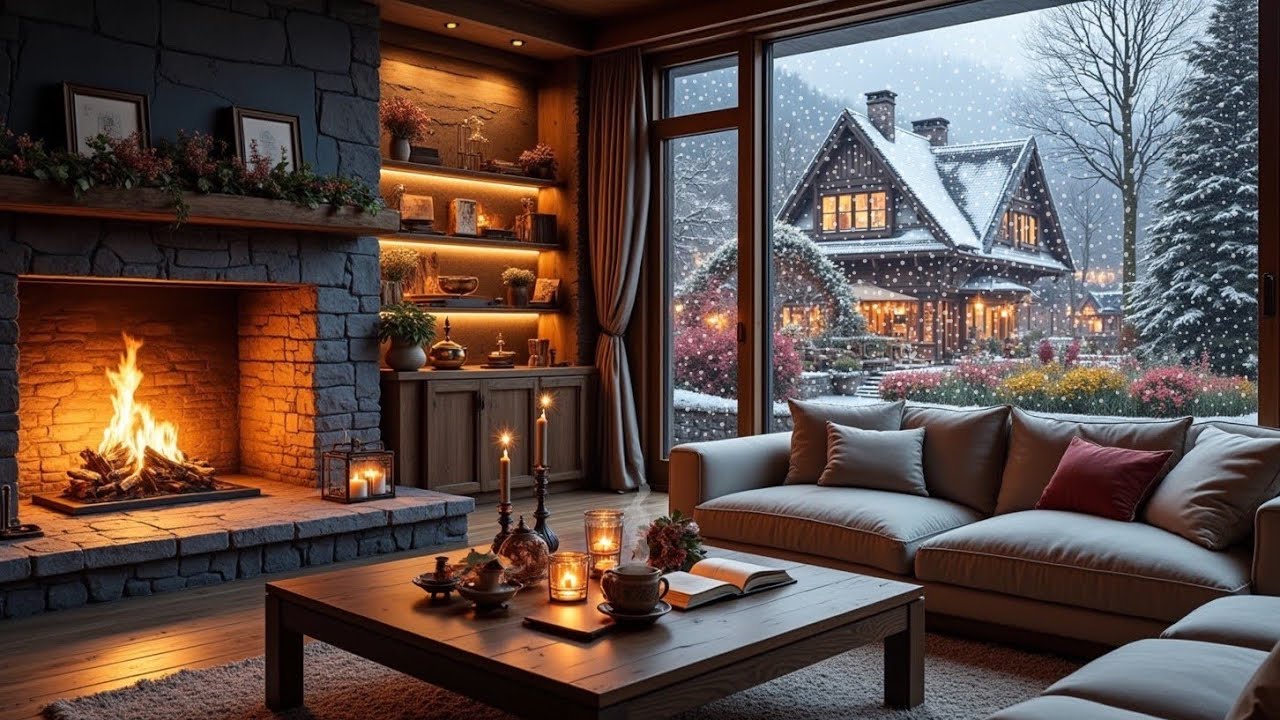 🔥 Fireplace Sounds & Soft Piano For Sleep & Relax ❄️ Snowfall & Cozy Winter Cabin Ambience | 3 Hours