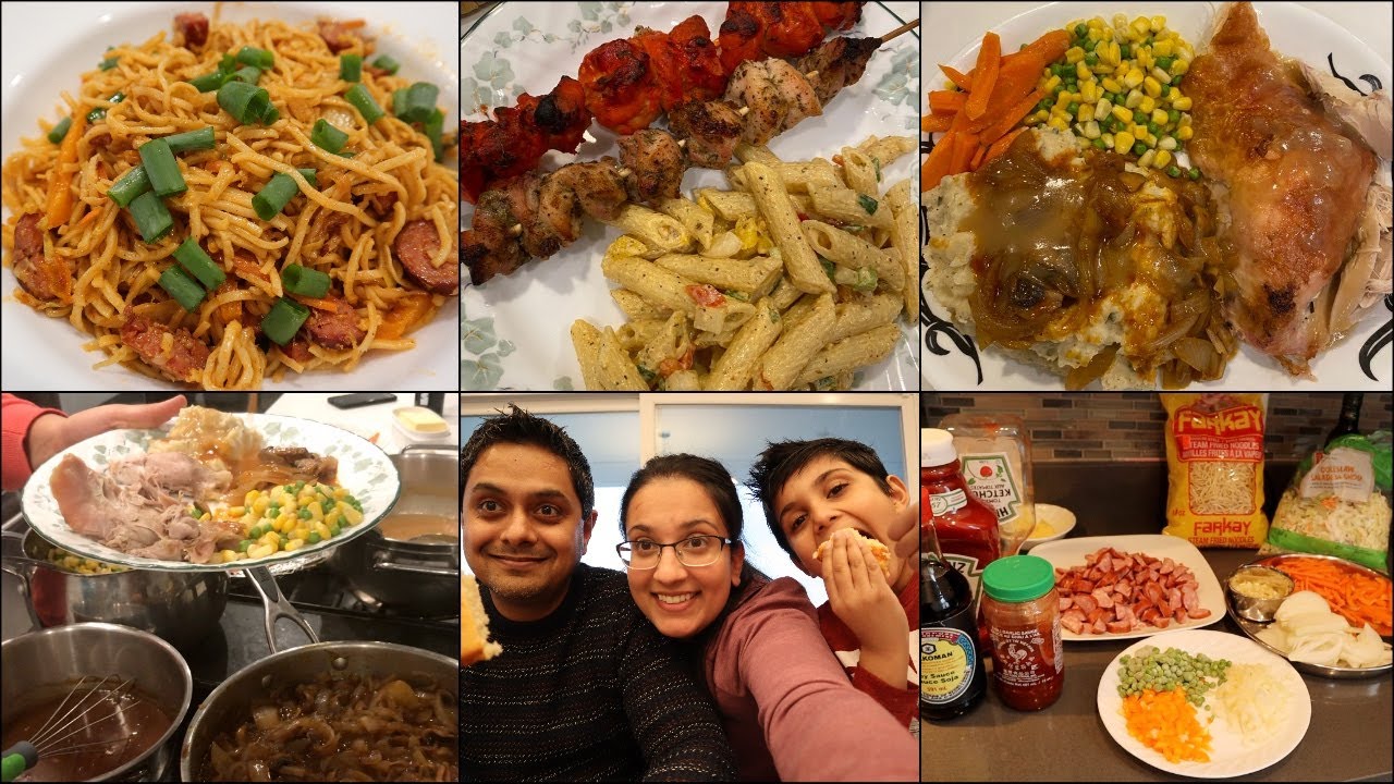 Cook & Eat With Us - Chicken Kabobs, Hakka Noodles AND Turkey Dinner! || Indian Family In Canada