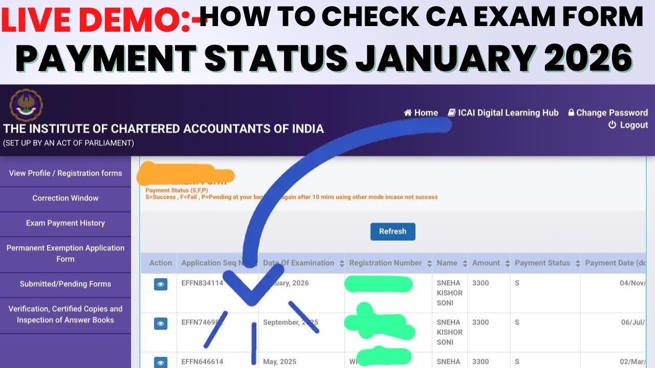 live Demo :- How to Check CA Exam Form Payment status | CA Exam Form Jan 2026 Successful or Not
