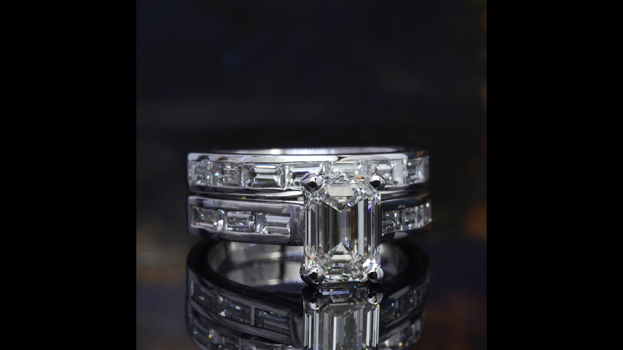 Emerald Cut with  Baguette cut Diamond Engagement Ring and Band Set