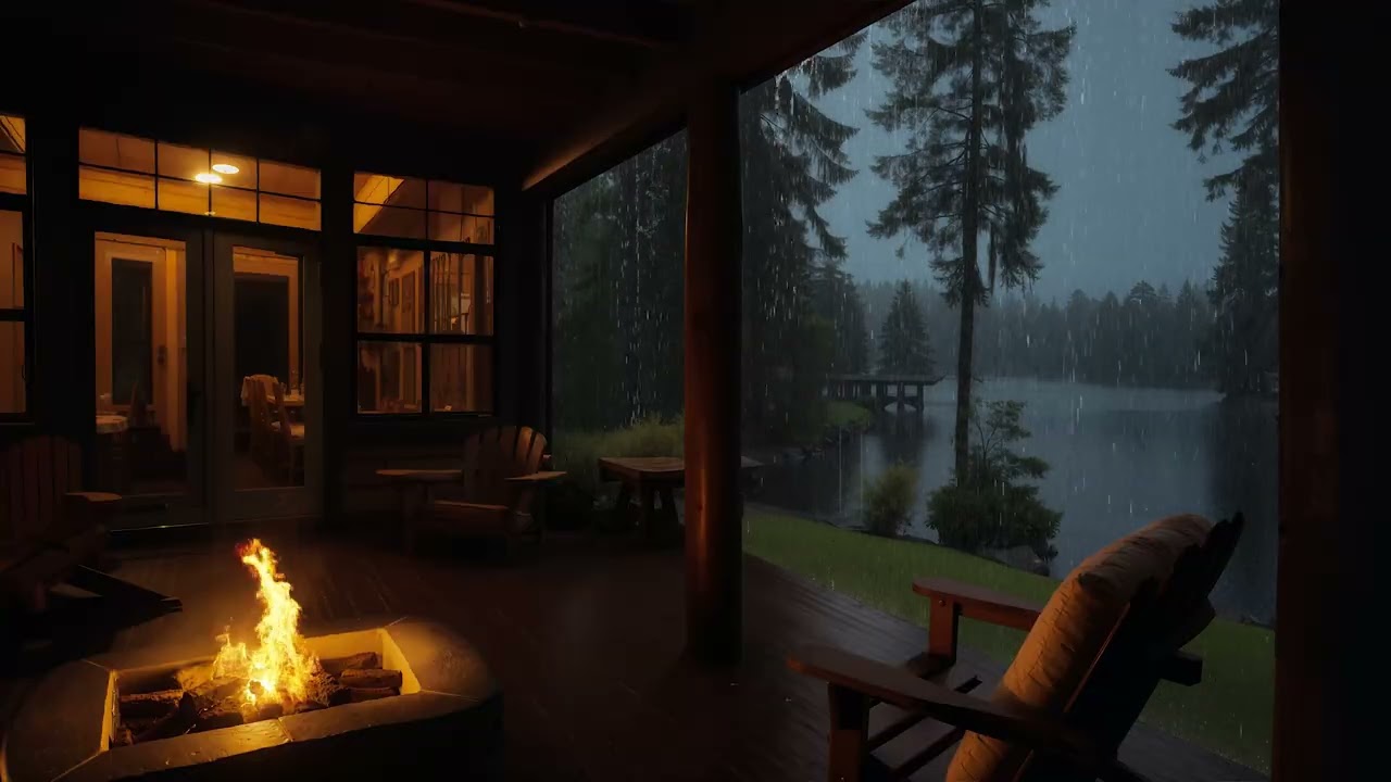 Fire Pit Crackle in Cozy Cabin Porch on Rainy Day | Soothing Nature Sounds by The Lake
