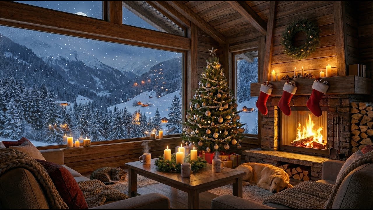 Cozy Christmas Cabin Fireplace - 8 Hours - Calm Winter Ambience for Relaxation & Focus