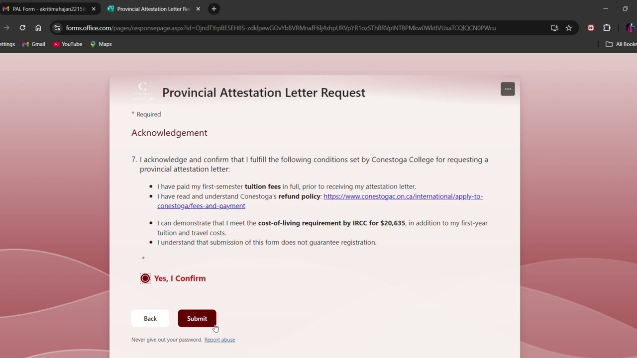 Provincial Attestation Letter (PAL)|| PAL Request Form|| Conestoga College|| International Students