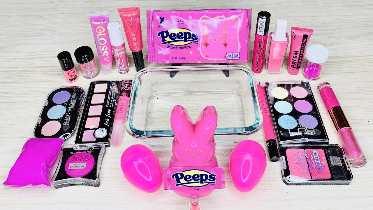 PINK PEEPS GLOSSY SLIME - Mixing Makeup, Glitter, & Random Parts into GLOSSY Slime - Satisfying ASMR