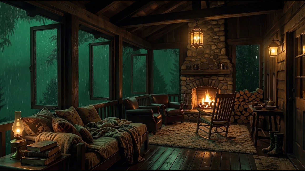 Relaxing Forest Rain on a Cozy Cabin Porch | 3 Hours of Deep Sleep Ambiance for Rest