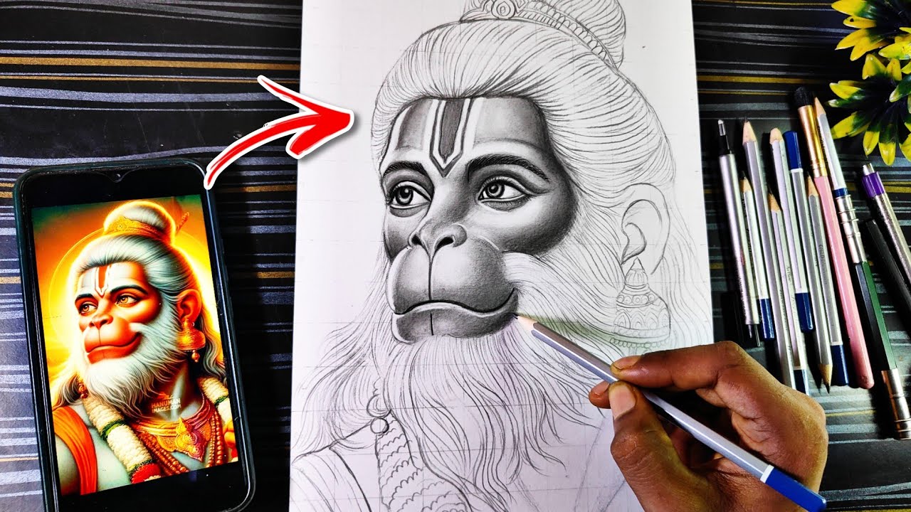Hanuman ji Drawing, Pencil Shading Tutorial, How To Draw Lord Hanuman, God drawing
