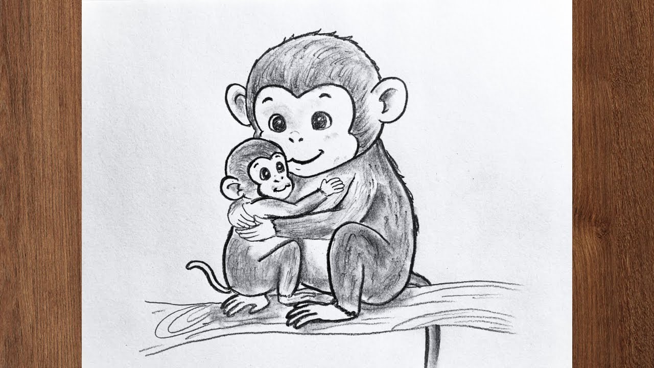 Cute Monkey Hugging Baby Drawing | Easy Mother and Baby Monkey Pencil Sketch