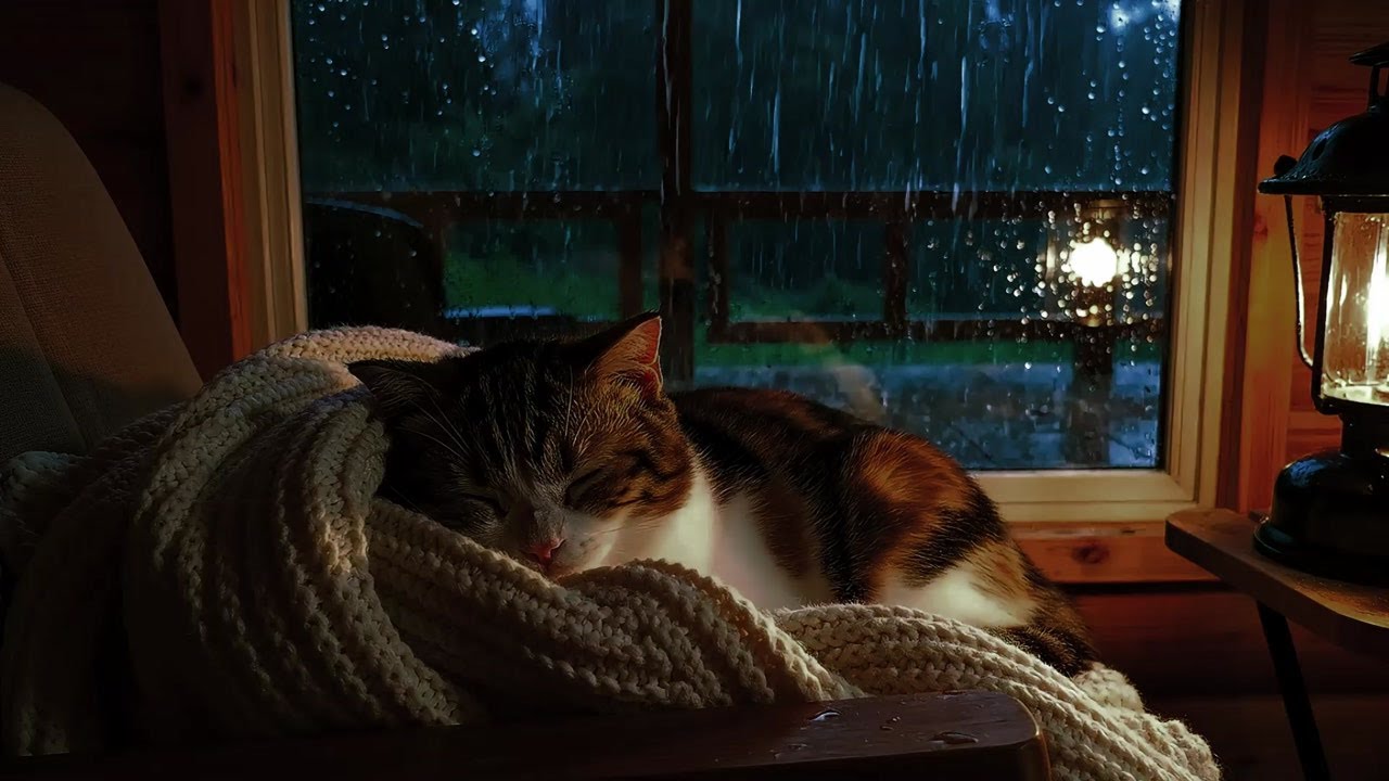Rainy Night Sleep Ambience 🌧️ Cat Sleeping | Piano Music