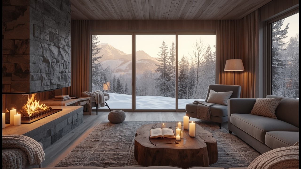 Snowy On Window & Fireplace Crackles in Cozy Living Room Ambience ❄️Gentle Piano for Calm and Relax