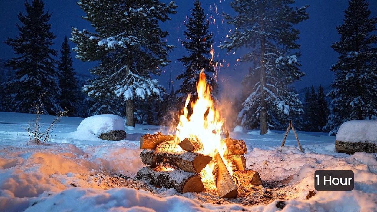 Snowy Campfire in the Pines at Night | Crackling Fire | 1 Hour