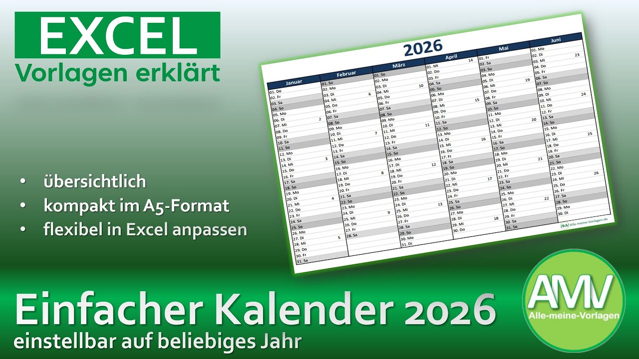 Einfacher Kalender 2026 – Excel Vorlage im A5-Format (kostenlos)