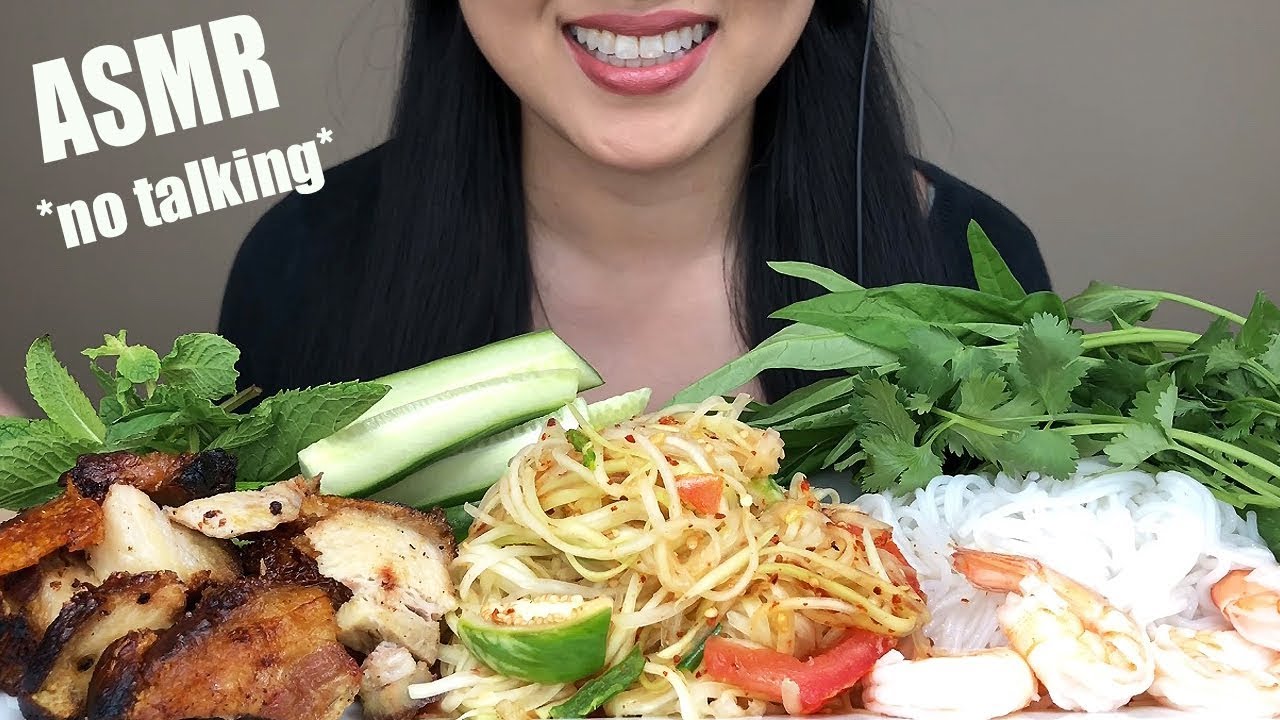 ASMR | Crispy Roasted Pork, Shrimp, Spicy Papaya Salad, Noodles | NO TALKING | ASMR PHAN