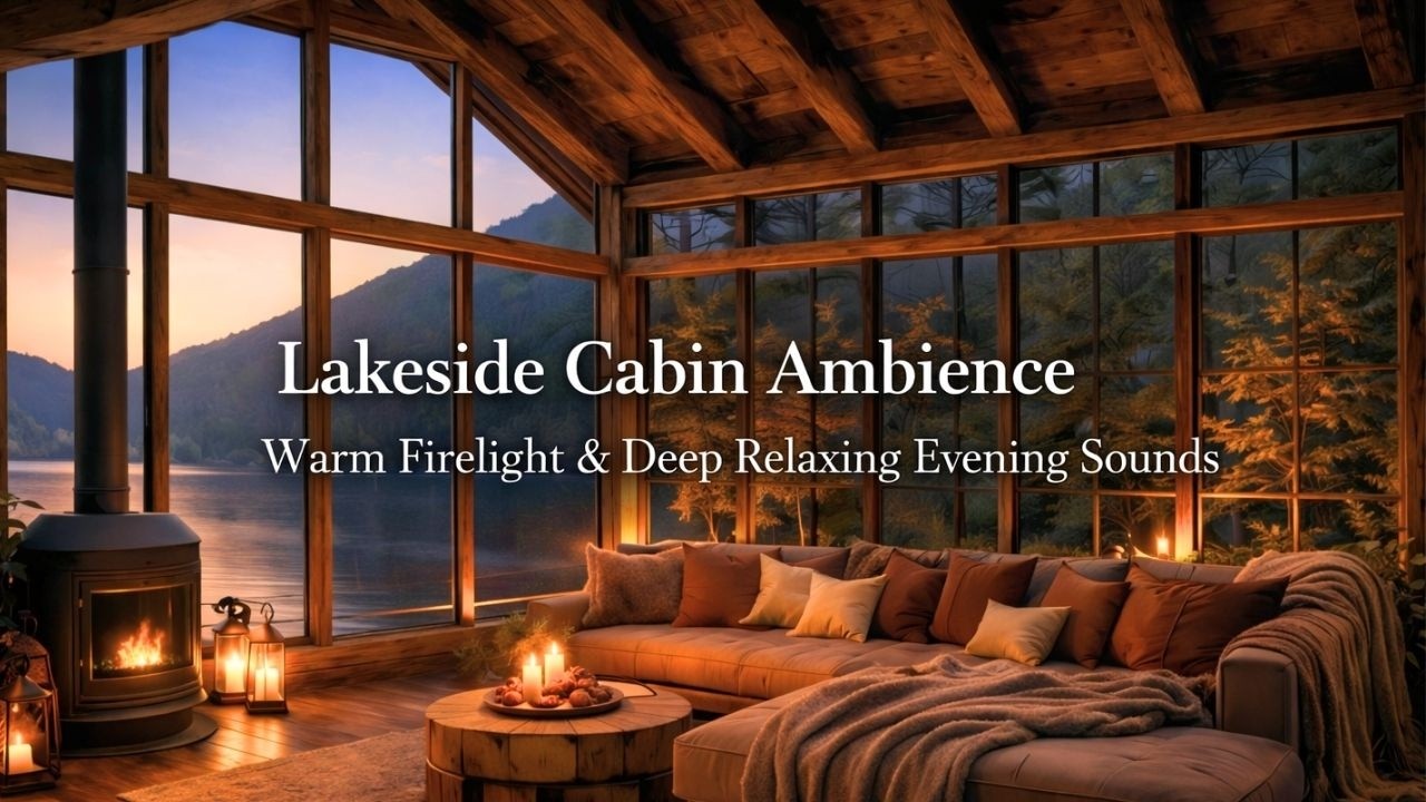 Cozy Lakeside Cabin Ambience | Warm Firelight & Deep Relaxing Evening Sounds