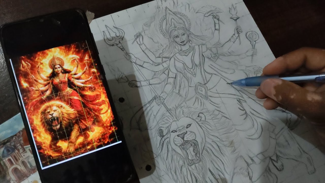 How To Draw Maa Durga With Lion🦁, Navratri special Drawing, Maa Durga Ki Drawing 