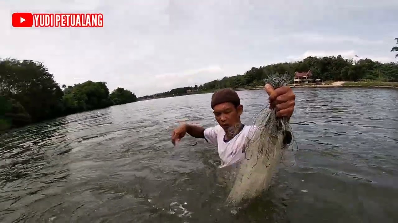 menjaring ikan di arus yang deras sungai Kampar